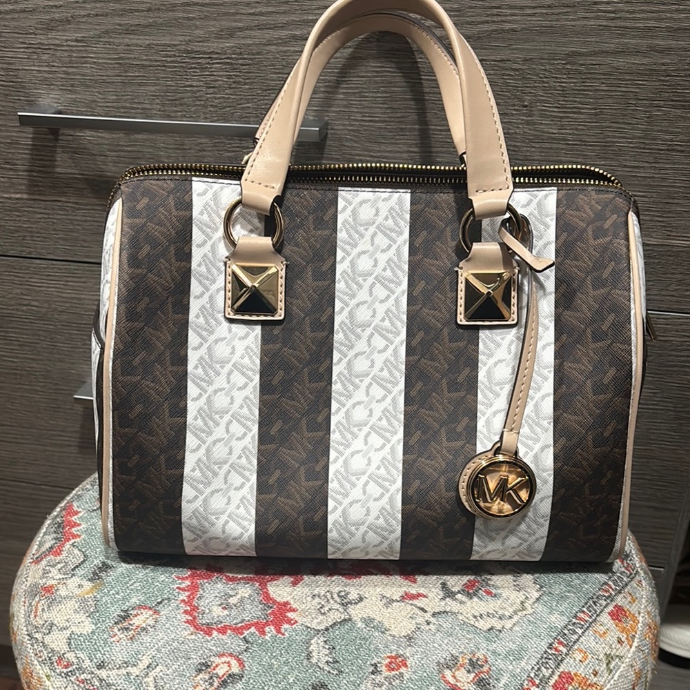 Michael Kors Grayson Logo White/Brown Satchel with Gold Accents